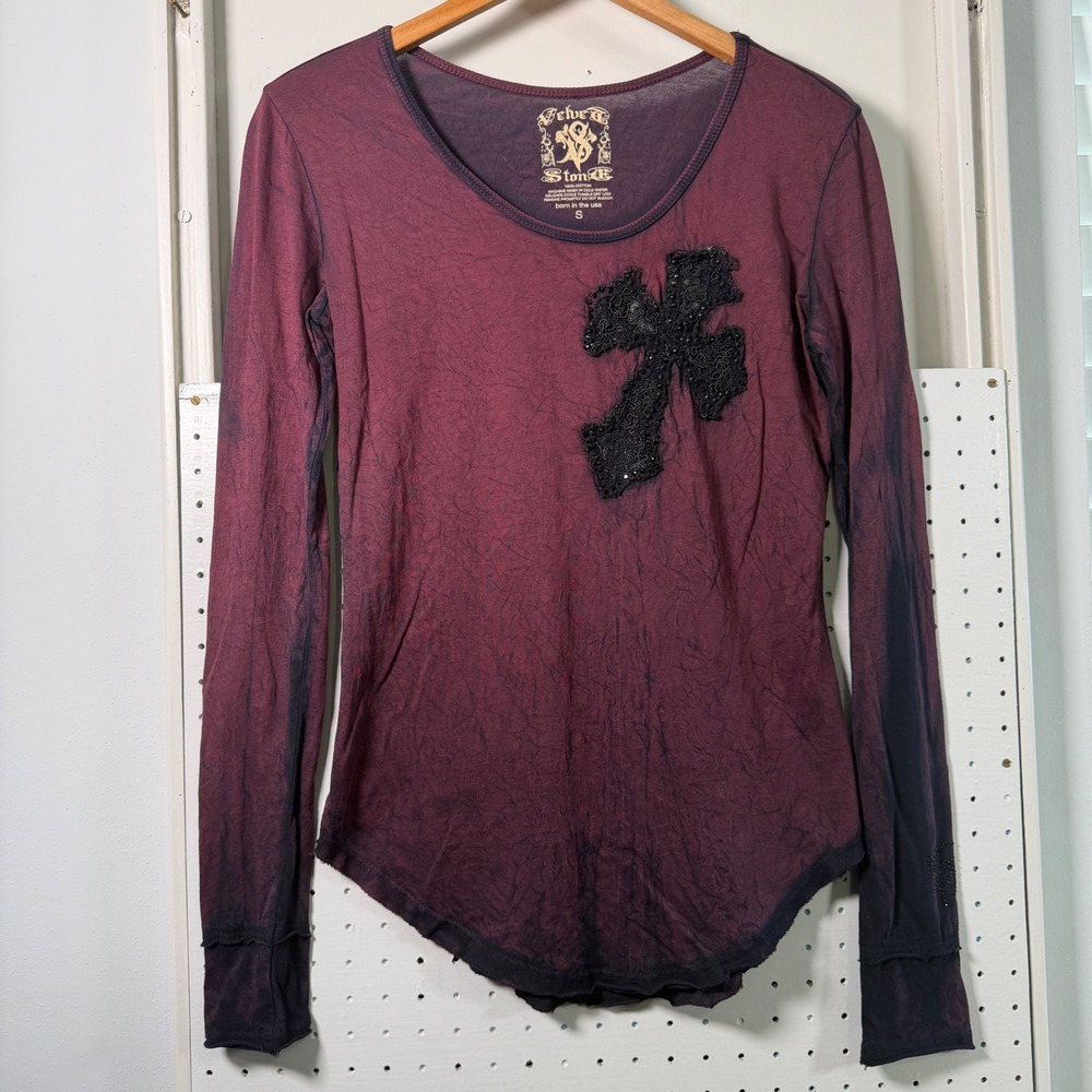 Velvet Stone Womens y2K 90s vtg Crinkle Wash Lace Cross Long Sleeve Top Small